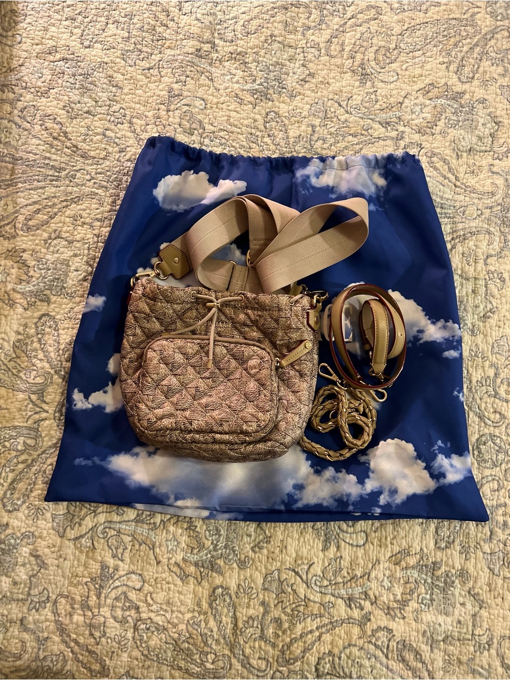MZ Wallace Quilted Crossbody Shoulder Bag in Beige Basket Pattern